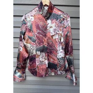 St. John Silk Floral Blouse 6 Paisley Zebra Stretch Long Sleeve Ruffles Button